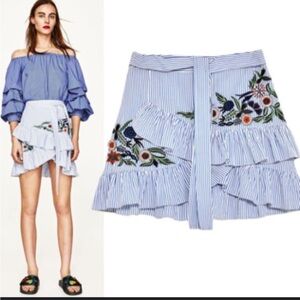 Zara Blue White Striped Ruffle Mini Skirt Embroidered Medium